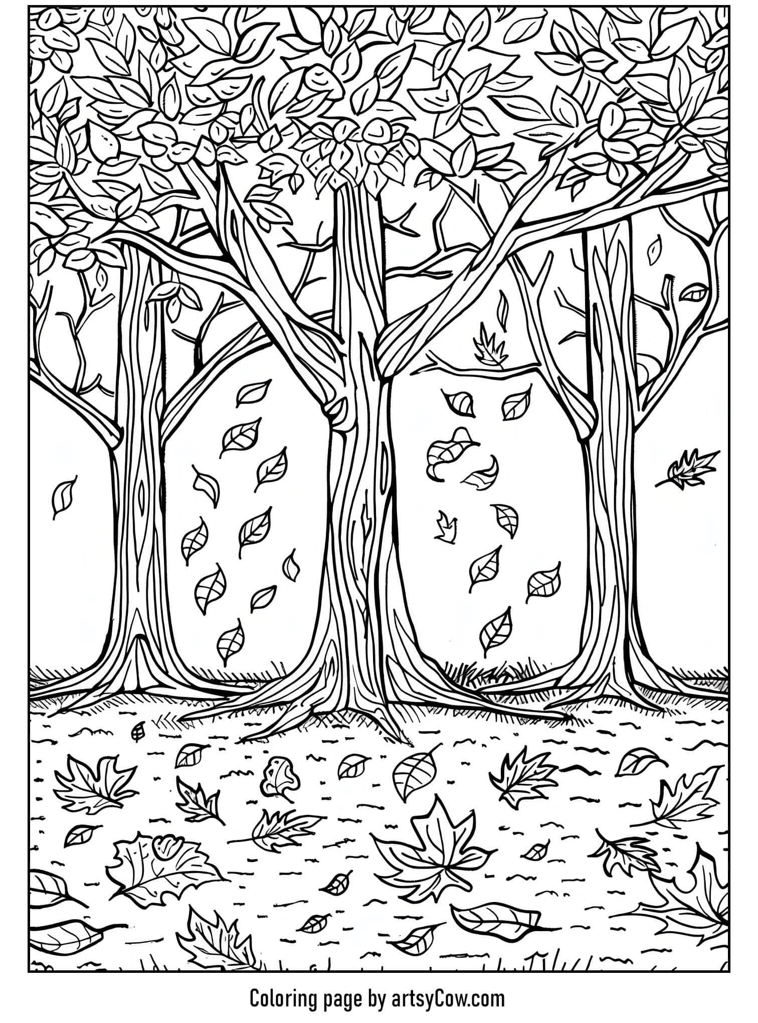 a detailed drawing of trees with falling leaves